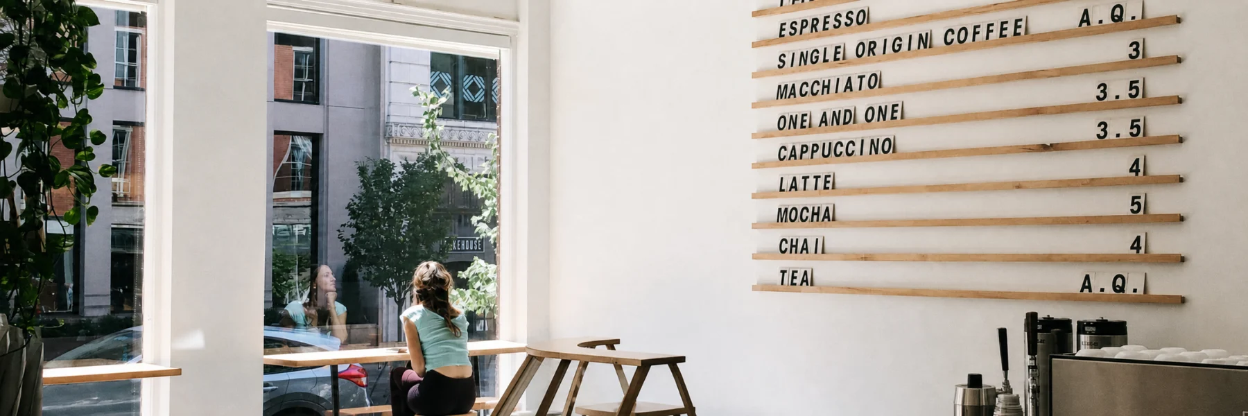 Sunlit café interior with window seating and a wall-mounted coffee menu